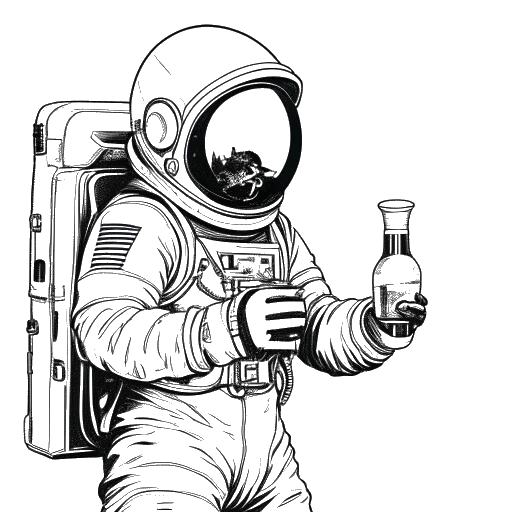Line art drawing of a man representing Felix Baumgartner, in a spacesuit, holding a Red Bull can, with scientists in the background