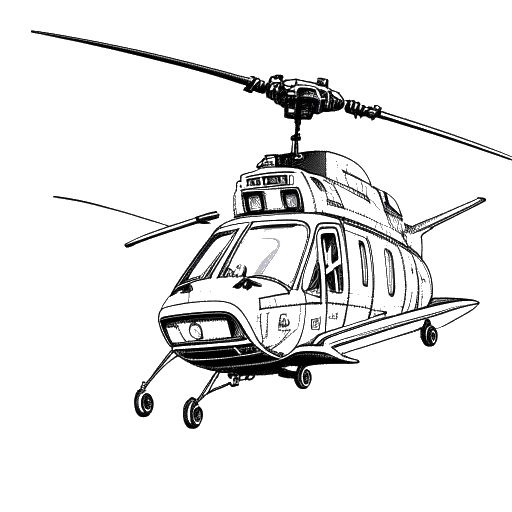 Lijntekening van een man die Felix Baumgartner vertegenwoordigt, een helikopter besturend voor bergredding en brandbestrijdingswerkzaamheden