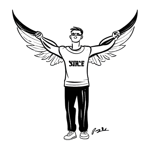 Dibujo de línea de un hombre representando a Felix Baumgartner, sosteniendo una pancarta de la Fundación de Investigación de Médula Espinal Wings For Life