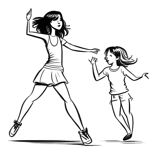 Desenho em linha de uma garota, representando Rylee Arnold, dançando com confiança ao lado de uma figura sugestiva de um astro pop no palco, contra um pano de fundo branco.