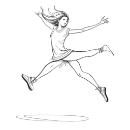 Desenho em linha de uma jovem representando Rylee Arnold executando um salto tilt, com símbolos de seus interesses incluindo a música de Taylor Swift, Harry Potter e pizza, tudo em um pano de fundo branco.