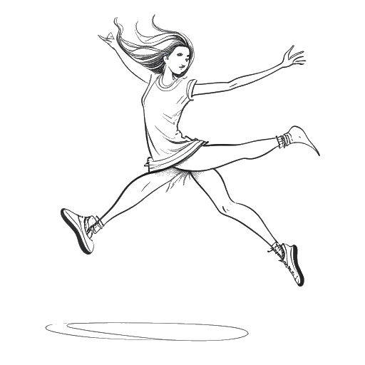 Line art drawing of a young woman representing Rylee Arnold performing a tilt jump, with symbols of her interests including Taylor Swift's music, Harry Potter, and pizza, all against a white background.