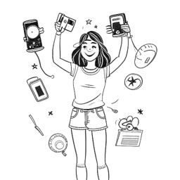 Desenho em linha de uma adolescente, representando Rylee Arnold, em uma pose de dança com um troféu, rodeada por símbolos de câmeras e redes sociais, ilustrando sua popularidade online, tudo em um pano de fundo branco.