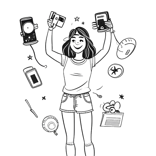 Lijn kunsttekening van een tienermeisje, dat Rylee Arnold voorstelt, in een danshouding met een trofee, omringd door symbolen van camera's en sociale media, die haar populariteit online illustreren, allemaal op een witte achtergrond.