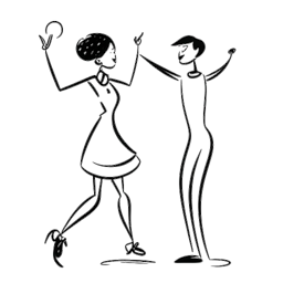 Strichzeichnung einer jungen Frau, die Rylee Arnold darstellt, steht neben einem männlichen Tänzer, mit einem überraschten Ausdruck und einem Herz mit einem Fragezeichen, das das Missverständnis über ihre Beziehung symbolisiert, alles auf einem weißen Hintergrund.