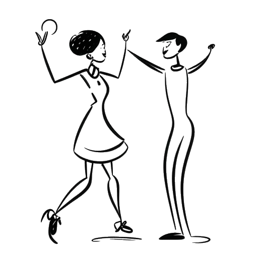 Line drawing of a young female representing Rylee Arnold standing next to a male dancer, with an expression of surprise and a heart with a question mark, symbolizing the mix-up about her relationship, all against a white background.
