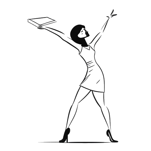 Lijnkunsttekening van een vrouw, die Rylee Arnold vertegenwoordigt, in een danshouding met een uitgestrekte hand, wat een virale TikTok-trend symboliseert. Zichtbaar zijn eenklapperbord en een zilveren YouTube-playbutton, wat wijst op haar televisie- en socialemediainvloed, tegen een witte achtergrond.