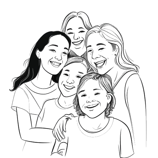 Desenho em arte de linha de uma jovem mulher e sua família, representando Rylee Arnold e sua família, sorrindo e abraçando.