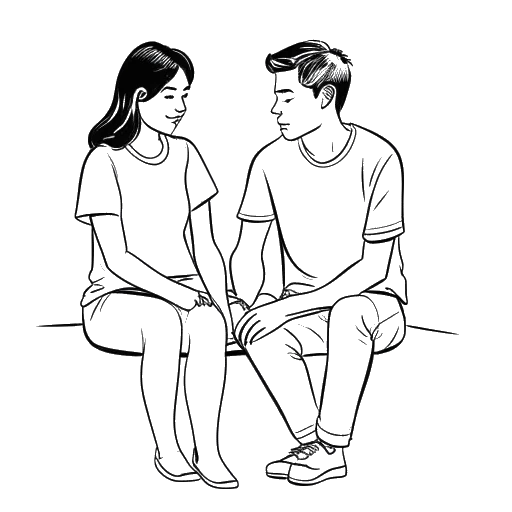 Dibujo de línea de una joven mujer y un joven, representando a Rylee Arnold y Truman Burningham, tomados de la mano.