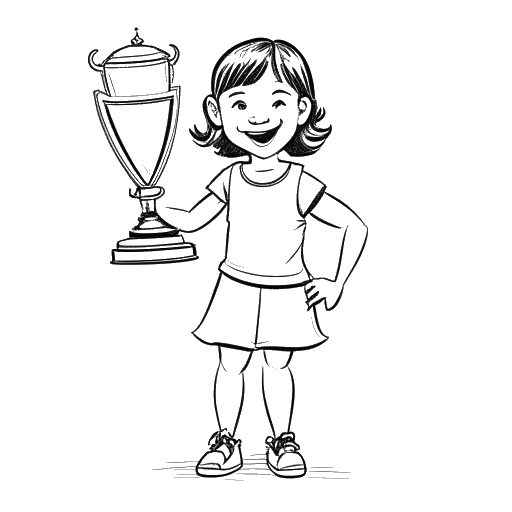 Dibujo de línea de una niña joven, representando a Rylee Arnold, sosteniendo un trofeo.