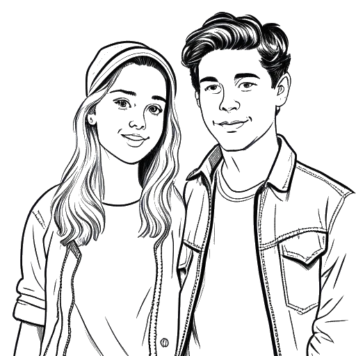 Line art drawing of two young people, dressed as Rylee Arnold and Harry Jowsey.