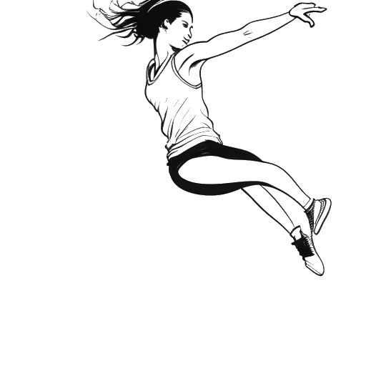 Desenho em arte de linha de uma jovem mulher, representando Rylee Arnold, executando um salto lateral em traje de dança contemporânea.