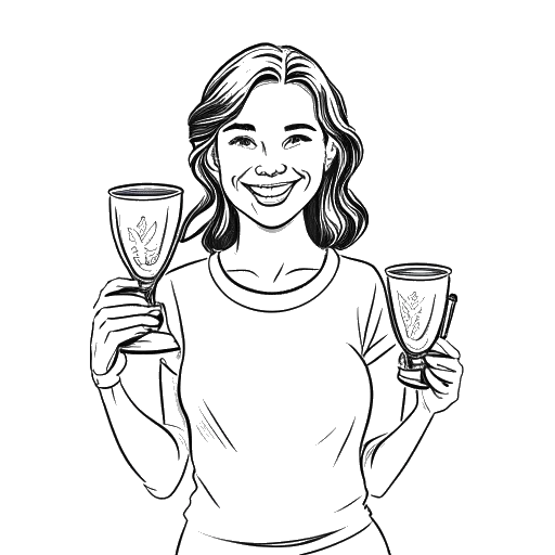 Line art drawing of a young woman, representing Rylee Arnold, holding multiple trophies.