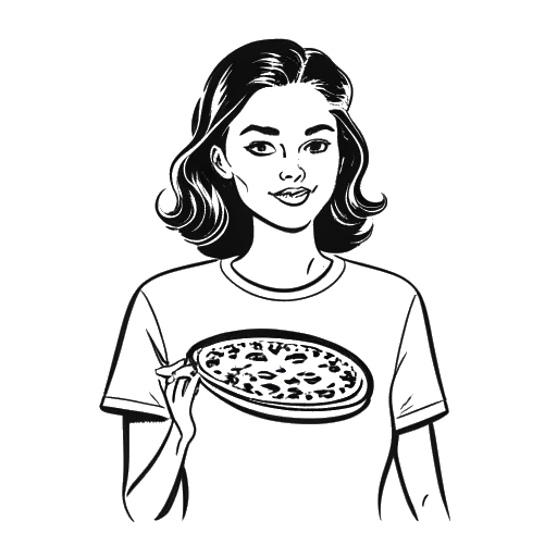 Desenho em arte de linha de uma jovem mulher, representando Rylee Arnold, segurando uma fatia de pizza e vestindo uma camiseta rosa.