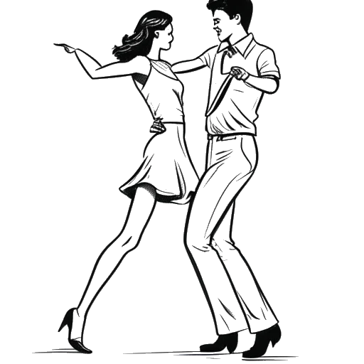 Lijn kunsttekening van een jonge vrouw en een man, die Rylee Arnold en Harry Jowsey vertegenwoordigen, die samen dansen.