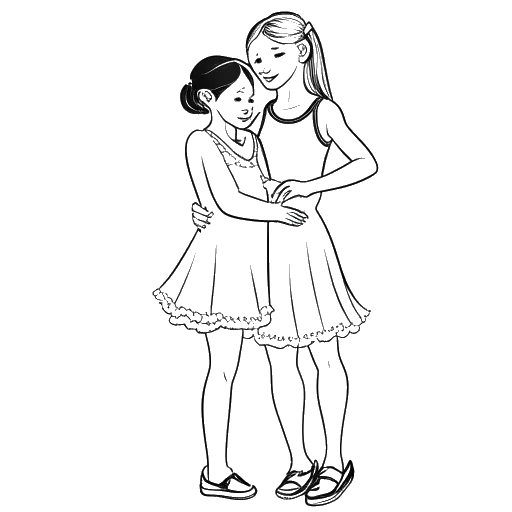 Line art drawing of two sisters, representing Rylee and Lindsay Arnold, in dance attire.