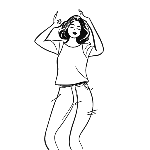 Dibujo de línea de una joven mujer, representando a Rylee Arnold, sosteniendo un teléfono celular y bailando.