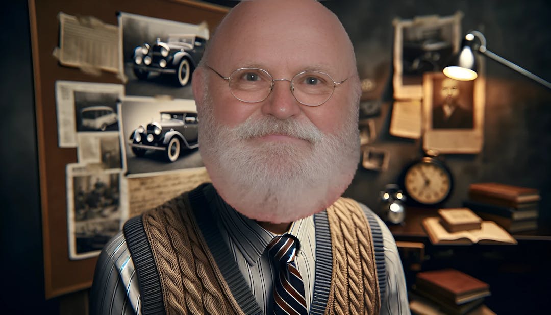 Bernard Albertson, an older male with fair skin, a full white beard and mustache, wearing round glasses, looking directly at the camera in a setting that showcases his passion for vintage cars and love for writing and ministry. Soft, warm lighting enhances the scene, conveying wisdom and resilience.