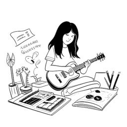 Lijntekening van een jongen, die Matthew Koma vertegenwoordigt, met lang haar die muzieknoten op papier schrijft in een studio-setting, waarbij een gevoel van prestatie heerst. Muziekinstrumenten en een platenlabelcontract omringen hem, allemaal tegen een witte achtergrond.