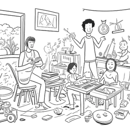 Line art drawing of a man, representing Matthew Koma, engaging in creative activities like drawing and music with his family in a home setting, exuding joy and warmth. Art supplies and musical instruments surround them, all against a white backdrop.