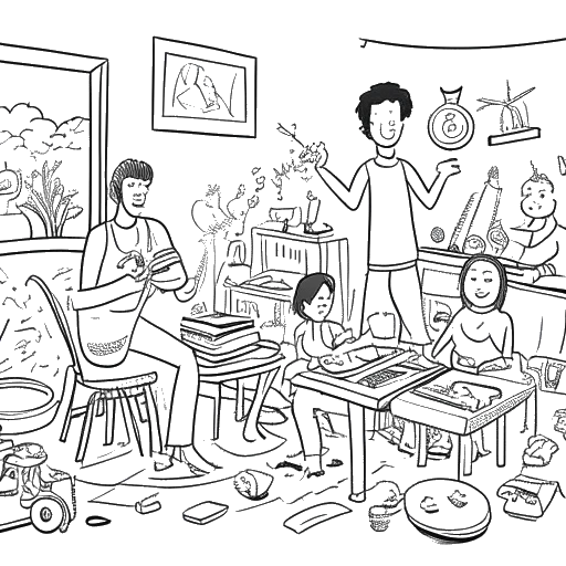 Line art drawing of a man, representing Matthew Koma, engaging in creative activities like drawing and music with his family in a home setting, exuding joy and warmth. Art supplies and musical instruments surround them, all against a white backdrop.