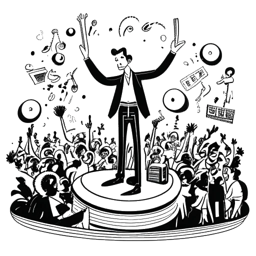 Desenho em arte linear de um homem, representando Matthew Koma, se apresentando em um palco com luzes e uma multidão aplaudindo. Ícones da música como um gramofone e notas musicais o cercam, mostrando confiança e paixão, tudo em um fundo branco.