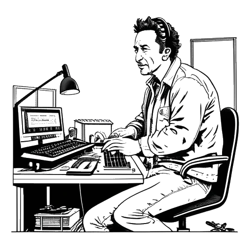 Desenho em arte de linha de um homem, representando Matthew Koma, trabalhando em um estúdio de gravação com Bruce Springsteen
