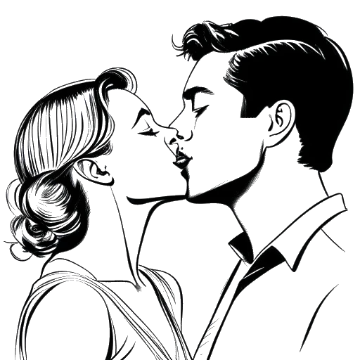 Lijntekening van een man en een vrouw, die Matthew Koma en Carly Rae Jepsen voorstellen, die kussen, met een muziekblad op de achtergrond