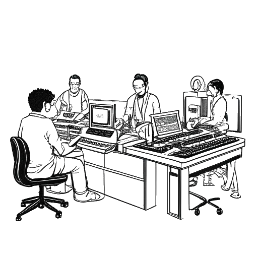 Dessin en noir et blanc d'un homme, représentant Matthew Koma, travaillant en studio d'enregistrement avec d'autres musiciens
