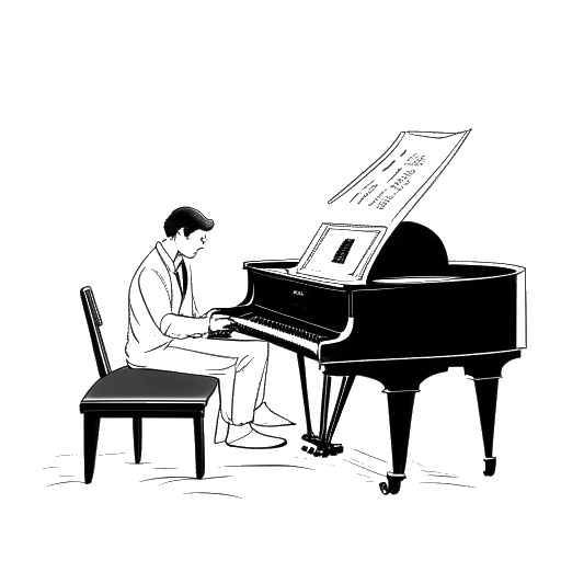 Line art drawing of a man, representing Matthew Koma, sitting at a piano, writing a song, with a ghostly figure of a woman behind him