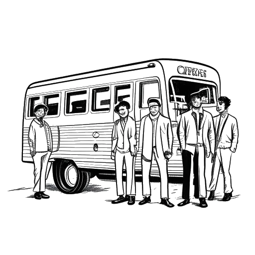 Dessin en noir et blanc d'un homme, représentant Matthew Koma, debout avec Far East Movement, avec un bus de tournée en arrière-plan