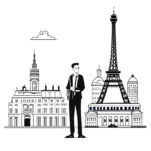 Line art drawing of a man, representing Matthew Koma, standing in front of famous landmarks from Paris, London, and Amsterdam
