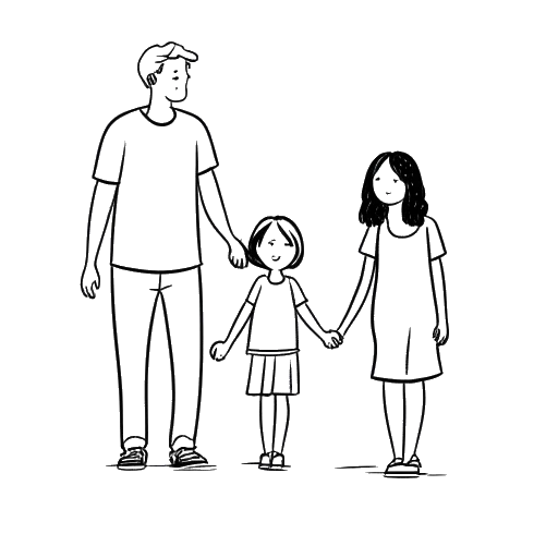 Line art drawing of a man and a woman, representing Matthew Koma and Hilary Duff, holding hands, with their two daughters standing next to them