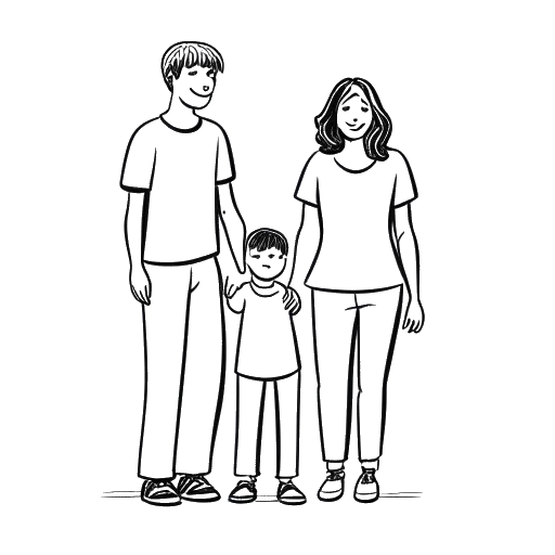Desenho em arte de linha de um homem e uma mulher, representando Matthew Koma e Hilary Duff, de mãos dadas, com Luca, filho de Duff, ao lado deles