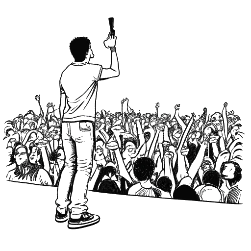 Dibujo en arte lineal de un hombre, representando a Matthew Koma, actuando en el escenario, con una multitud de festival en el fondo