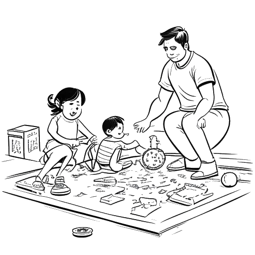 Desenho em arte de linha de um homem, representando Matthew Koma, brincando com seus filhos, com corridas de obstáculos, brinquedos e jogos de tabuleiro ao fundo