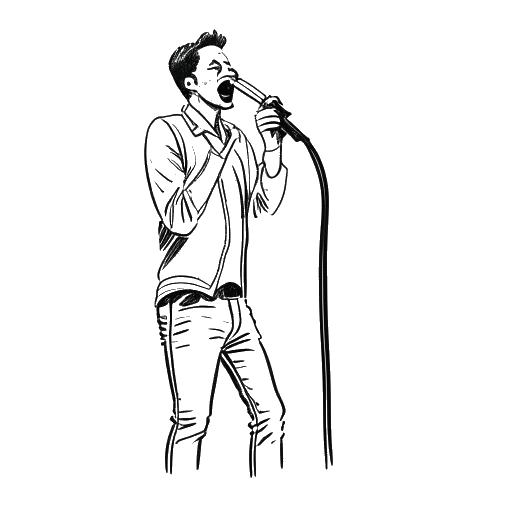 Desenho em arte de linha de um homem, representando Matthew Koma, se apresentando no palco com uma expressão sarcástica