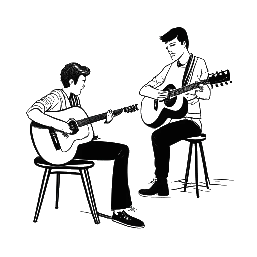 Line art drawing of a man, representing Matthew Koma, playing acoustic guitar on stage, with a record label executive in the background