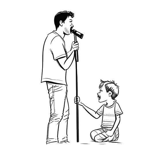 Lijntekening van een jongen, die Matthew Koma voorstelt, die samen met zijn vader, een zanger/liedjesschrijver, zingt