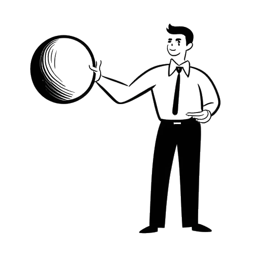 Desenho em arte de linha de um homem, representando Matthew Koma, segurando uma bola de boliche, com um executivo de gravadora ao fundo