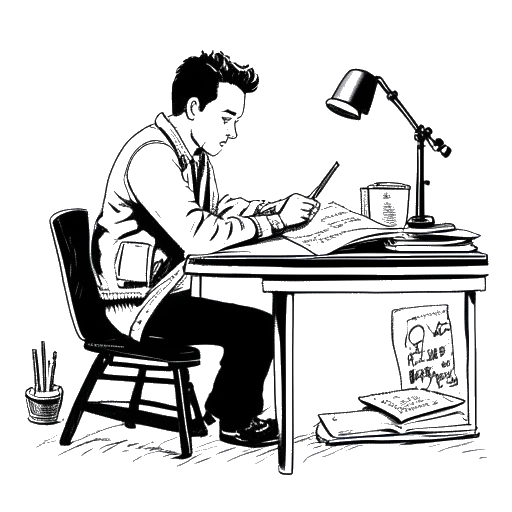 Line art drawing of a boy, representing Matthew Koma, writing a song, with Elvis Costello and Bruce Springsteen posters on the wall