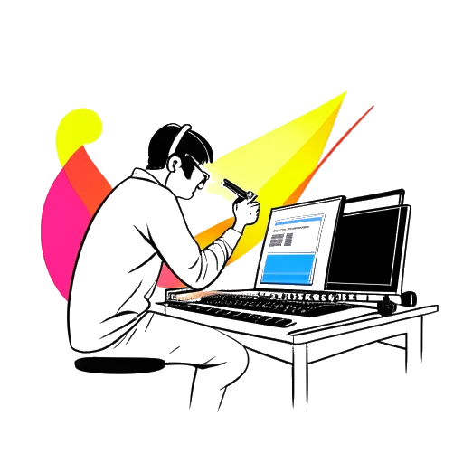 Line art drawing of a man, representing Matthew Koma, working in a recording studio, with a Grammy award and a spectrum of colors in the background
