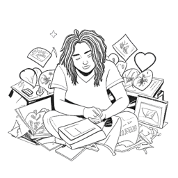 Desenho em arte linear de uma pessoa cercada por documentos legais e corações partidos, representando a vida pessoal controversa de 6ix9ine, em um fundo branco.