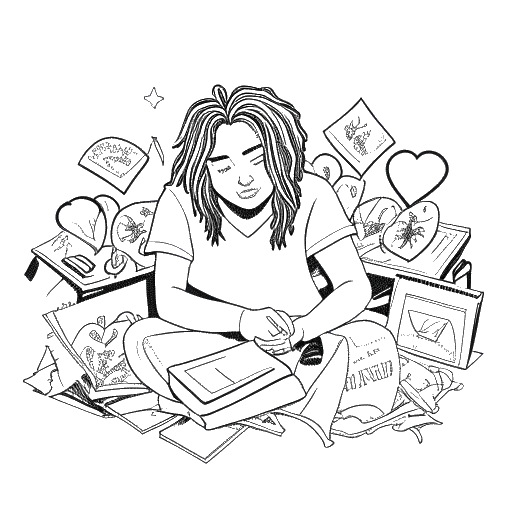 Lijn kunst tekening van een persoon omringd door juridische documenten en gebroken harten, wat 6ix9ine's controversiële persoonlijke leven voorstelt, tegen een witte achtergrond.