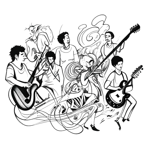 Disegno in stile line art di una collaborazione tra artisti musicali, rappresentando le collaborazioni di 6ix9ine e la firma di un contratto di due album, su uno sfondo bianco.