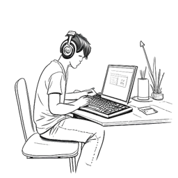 Dibujo de línea de un adolescente escribiendo y grabando música en un estudio casero, representando la trayectoria de 6ix9ine, en un fondo blanco.