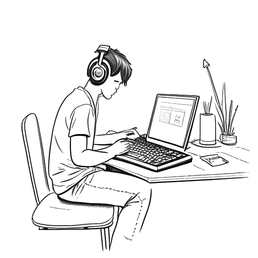 Desenho em arte linear de um adolescente escrevendo e gravando música em um estúdio caseiro, representando a jornada de 6ix9ine, em um fundo branco.