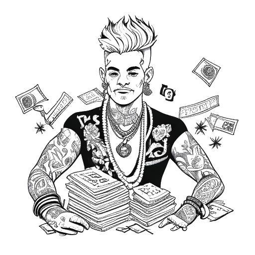 Lijntekening van een man die 6ix9ine vertegenwoordigt, met kleurrijk haar en tatoeages, stralend van zelfvertrouwen. Hij is omringd door bundels geld en muziekprijzen tegen een witte achtergrond.