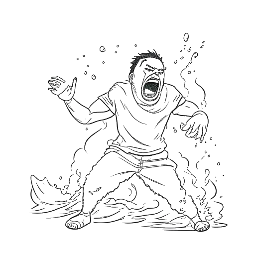 Desenho em arte linear de um homem, representando 6ix9ine, sendo atacado em uma sala de vapor.