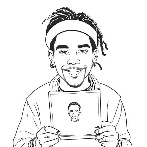 Dibujo de arte lineal de un hombre, representando el sencillo debut de 6ix9ine 'Gummo', sosteniendo un certificado.